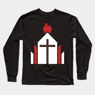 The cross of the Lord Jesus Christ on the background of the building, from above the flame of the Holy Spirit. Long Sleeve T-Shirt